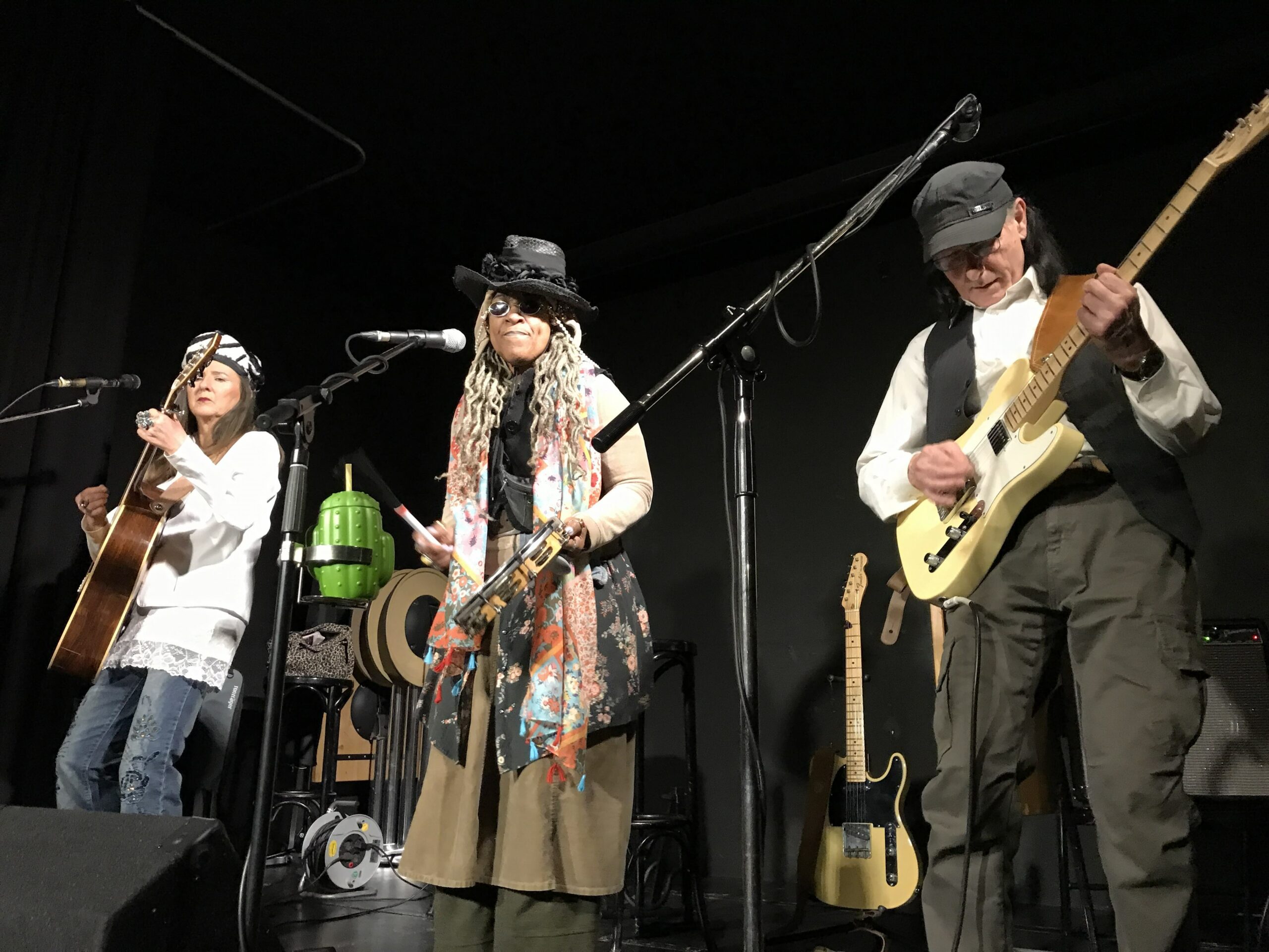 Ein Trio von zwei Frauen und einem Mann live auf der Bühne, mit Gitarre, E-Gitarre und Mikro für Gesang. Alle tragen einen Hut oder eine Mütze.