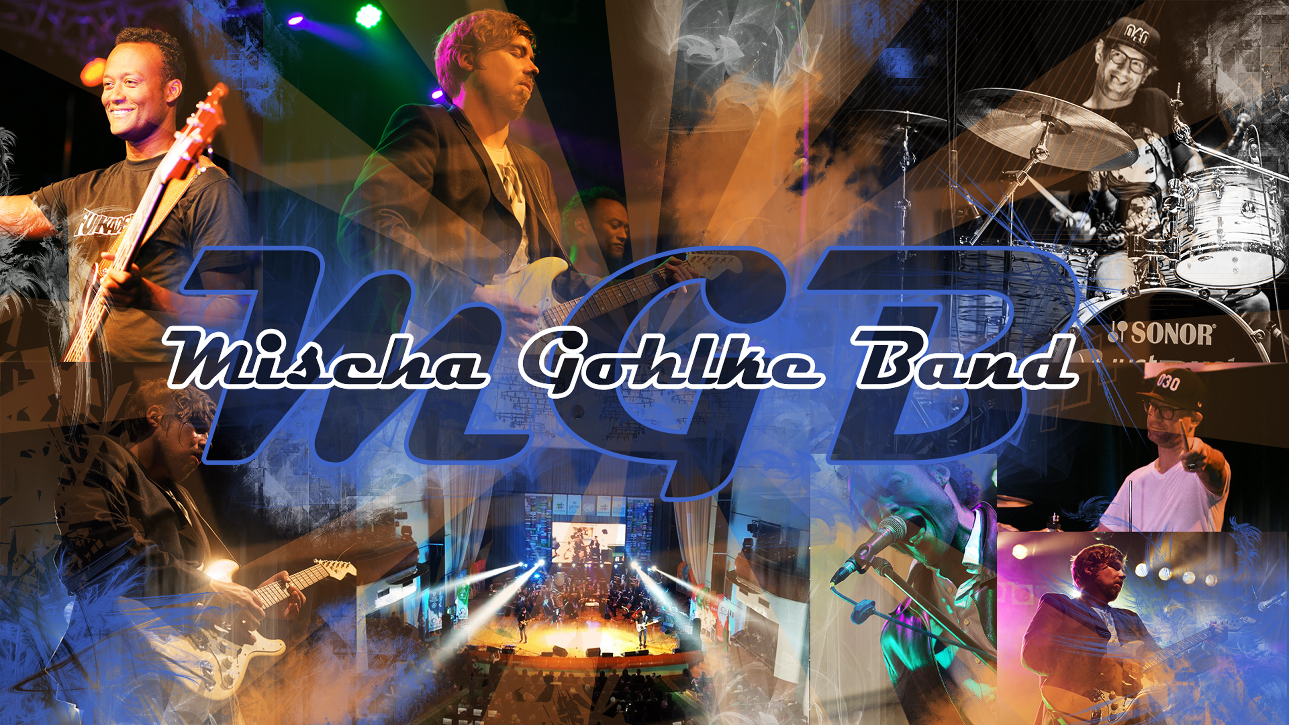 Bildkollage Mischa Gohlke und Band, mit verschiedenen Fotos beim Auftritt und Schriftzug Mischa Gohlke Band.