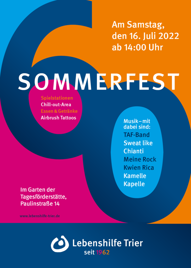 Plakat Sommerfest Lebenshilfe Trier - Samstag 16. Juli 2022 ab 14:00 Uhr - Im Garten der Tagesförderung Paulinstr. 14