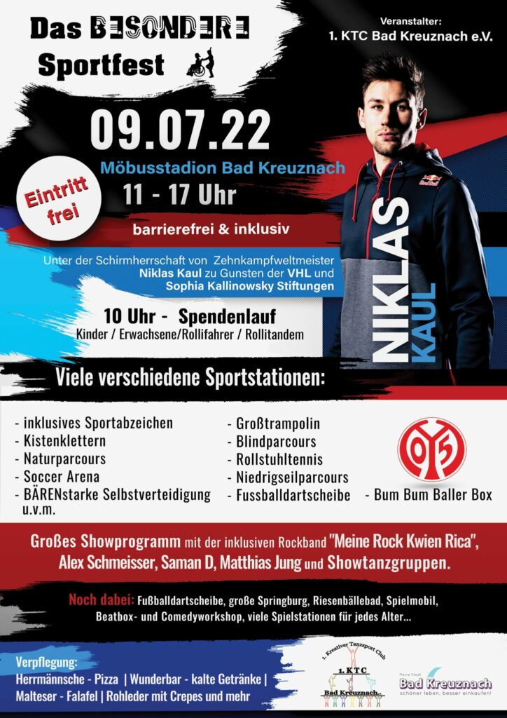 Plakat von "Das besondere Sportfest" 9.07.2022 im Möbiusstadion in Bad Kreuznach - Veranstalter 1. KTC Bad Kreuznach