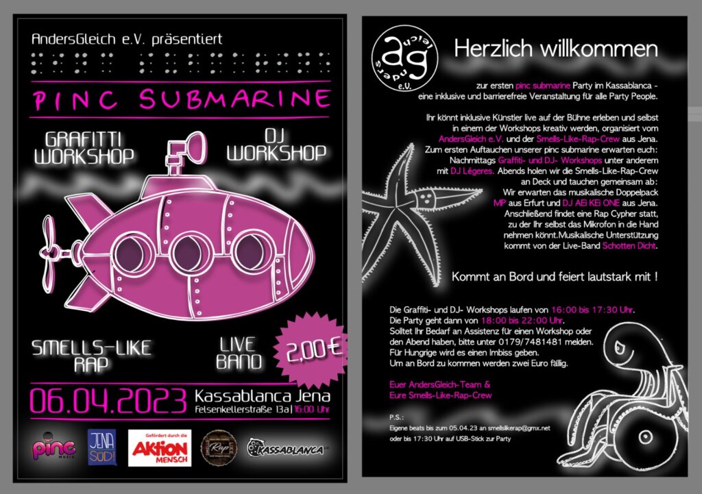 Flyer vom Pinc Submarine, mit linkem gezeichneten U-Boot und Text wie auf dieser Webseite
