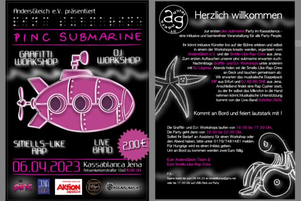 Flyer vom Pinc Submarine, mit linkem gezeichneten U-Boot und Text wie auf dieser Webseite
