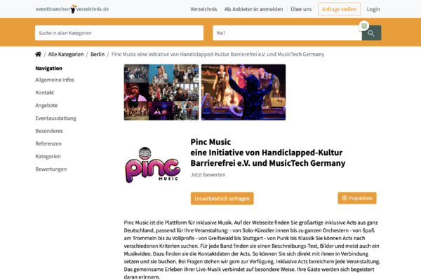 Bildschirmfotodes Event-Verzweichnisses, auf dem Zwei Bilder von Menschen, das Pinc Music Log und viel Text (nicht zum lesen) erkennbar sind.