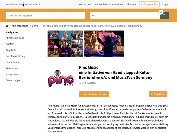 Bildschirmfotodes Event-Verzweichnisses, auf dem Zwei Bilder von Menschen, das Pinc Music Log und viel Text (nicht zum lesen) erkennbar sind.