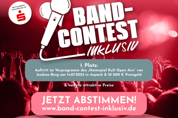 Zeichnung mit Mikrofonen und "Text Band-Contest - Jetzt abstimmen.1. Platz: Auftritt im Vorprogramm des ..Heimspiel Kult Open Airs" von Andrea Berg am 14.07.2023 in Aspach & 10 000 € Preisgeld