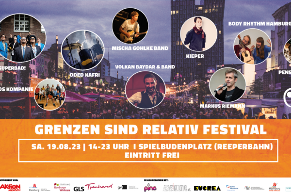 Foto vom Spielbudenplatz mit Publikum, dazu Fotos von Künstlern darüber als Kreise eingeblendet und Schrift "Grenzen sind relativ Festival" und mehr Text wie im Beitrag