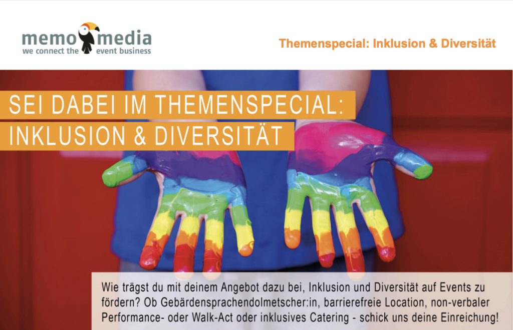Foto von bunt bemalten Händen, davor Schrift "Memo Media Themenspecial Inklusion und Diversität"