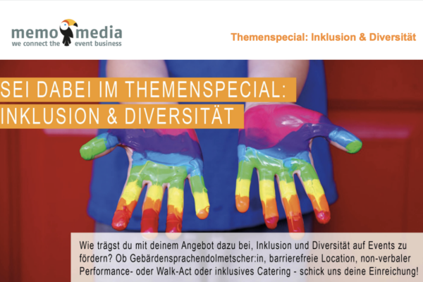 Foto von bunt bemalten Händen, davor Schrift "Memo Media Themenspecial Inklusion und Diversität"