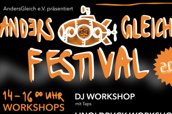 Zeichnung von einem U-Boot, dazu Schrift: AndersGleich Festival 2 Euro