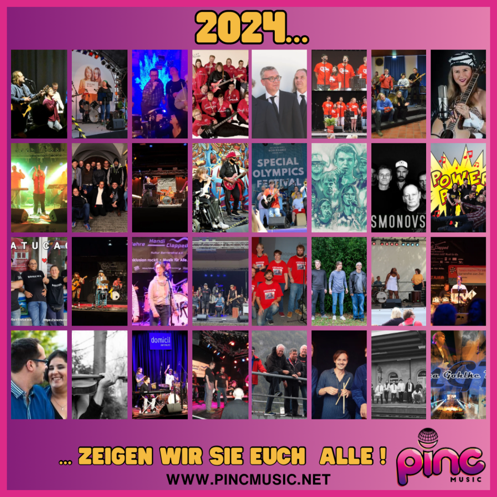 Eine Zusammenstellung aus 32 Fotos von Bands und Musiker:innen. Alle Fotos sind nur teilweise, also in Ausschnitten abgebildet. Alles wird von einem pinken Rahmen umrandet. Dazu als Text: 2024 zeigen wir sie Euch alle! www.pincmusic.net