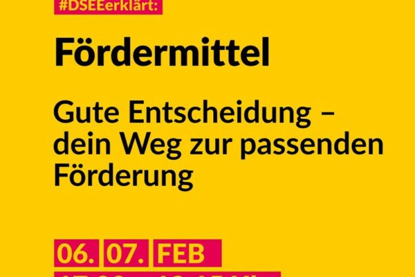 Gelbe Flasche mit Schrift Fördermittel - gute Entscheidung - dein Weg zur passenden Förderung - 6. und 7. Feb 17:00 - 18:15 Uhr