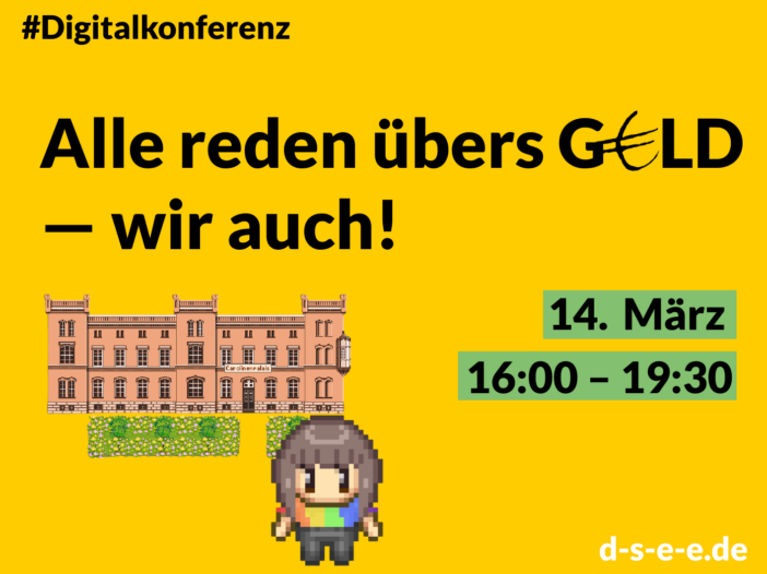 Grafik von Frau und einem Schloß dazu Schrift "#Digitalkonferenz" 14. März 16:00-19:30