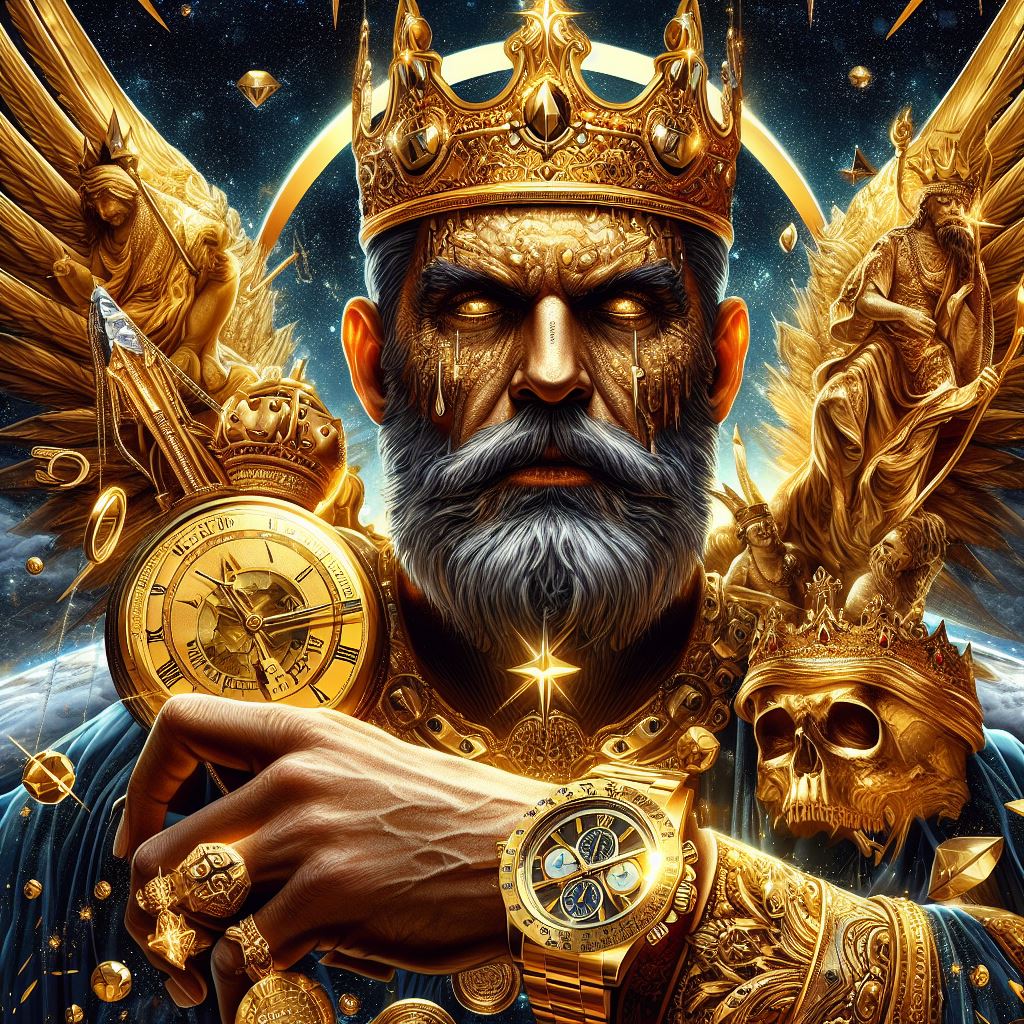 Aufwändige Grafik von einem prunkvollen König mit goldener Krone und goldenen Flügeln