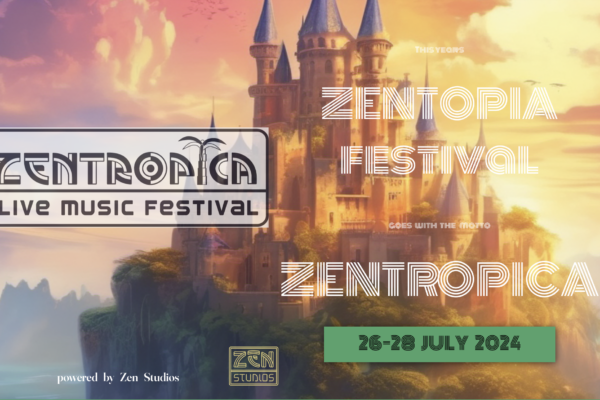 Bunte Grafik von einem Schloß mit Schrift Zentopia Live Music Festival 26. - 28. Juli 2024