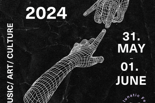 Poster Grafiken von zwei Händen die auf sich deuten und Schrift "lunatic Festival 2024 - 31. May 01 June" und Logos von Kooperationspartnern, unter anderen Pinc Music