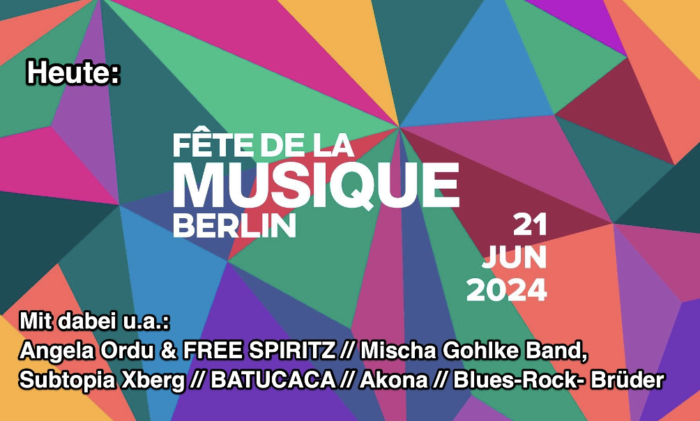 Grafik aus bunten Dreiecken, Vor Schrift; Fete de la Musique Berlin, 21 Jun 2024, Mit dabei u.a.: Angela Ordu & FREE SPIRITZ, Mischa Gohlke Band, Subtopia Xberg, BATUCACA, Akona, Blues-Rock- Brüder