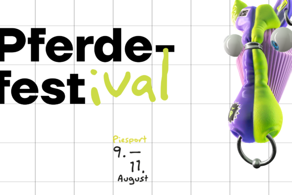 Grafik von einem bunt gestalteten Pferdekopf mit 3D Effekt und Schrift "Pferdefestival - 9. - 11. August"