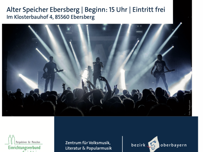 Bildschirfoto mit einem Foto von einer Band in einer Lichtschof und Schrift 12.10.2024 Alter Speicher Ebersberg, Eintritt fei - Logos von Einrichtungsverband Steinhöring, Zentrum für Volksmusik, Literatur und Popularmusik und Bezirk Oberbayern"