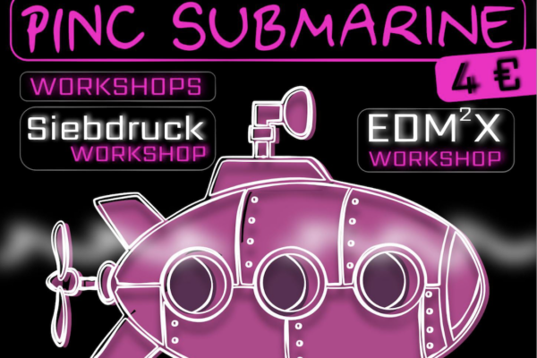 Foto vom Pinc Submarine Flyer, mit Inhalten wie im Beitrag und Zeichnung von einem pinken U-Boot