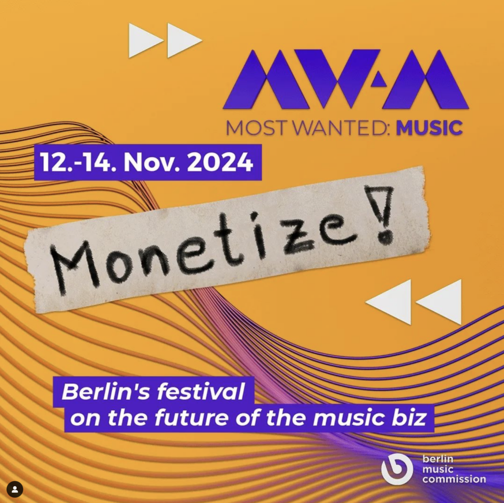 Grafik. mit orangenem Hintergrund und Schrift "MW:M 12.-14 November, Berlins festival on the future of the music biz