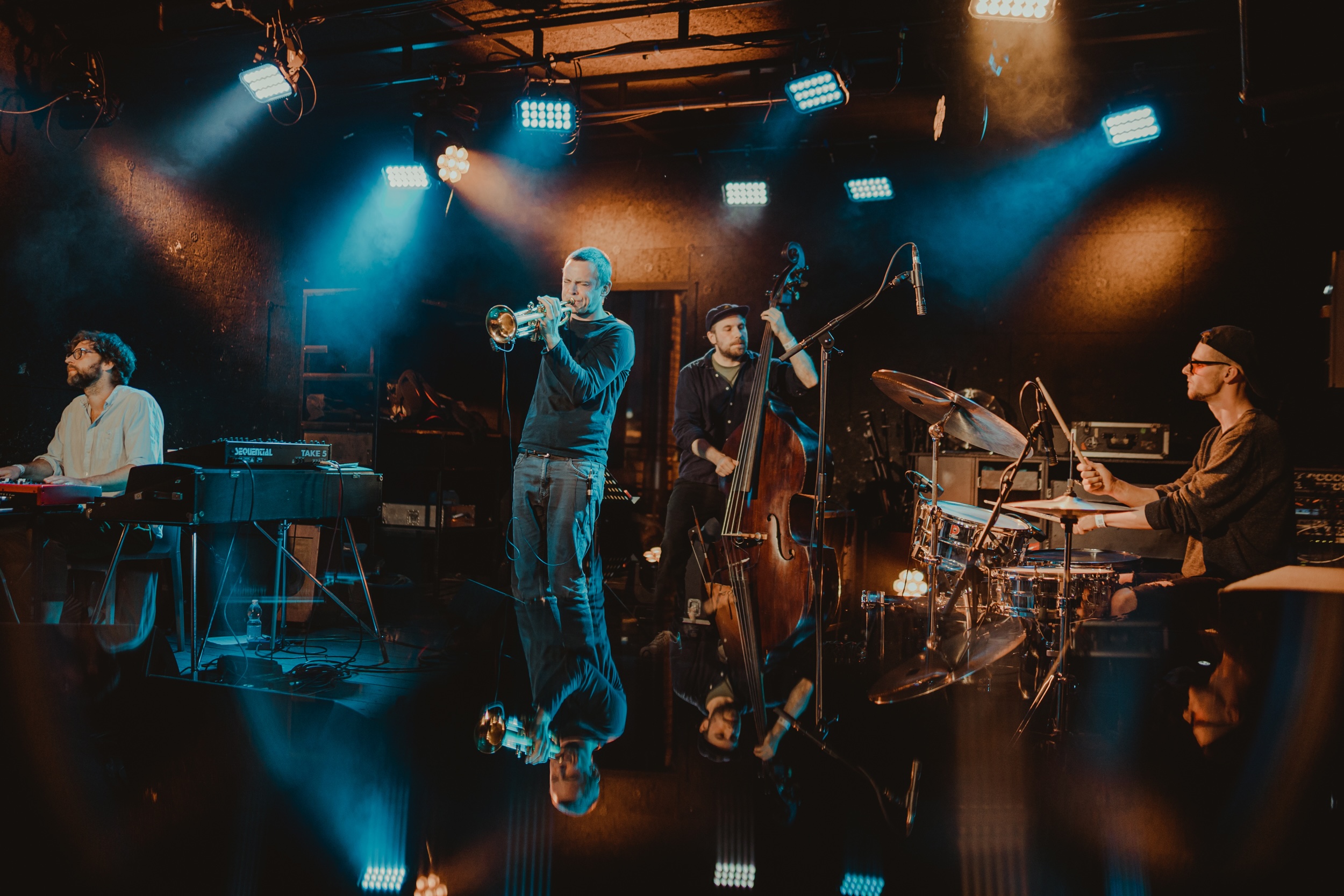 Buntfoto des Quartets live auf einer Bühne mit Bühnenbeleuchtung