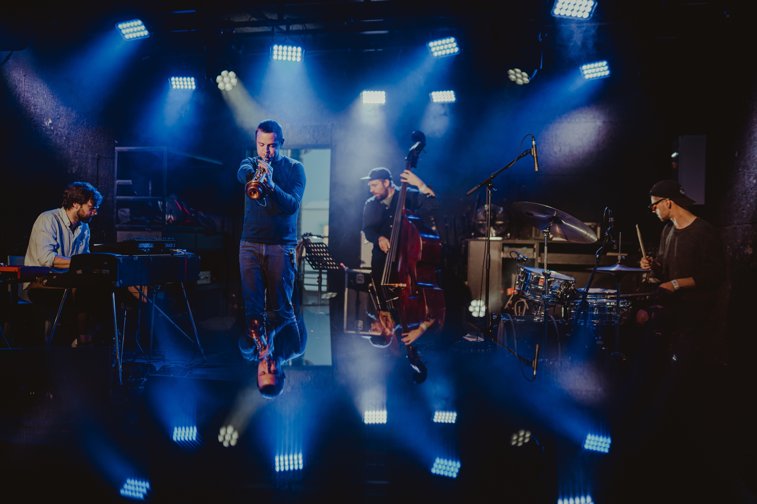 Buntfoto des Quartets live auf einer Bühne mit Bühnenbeleuchtung