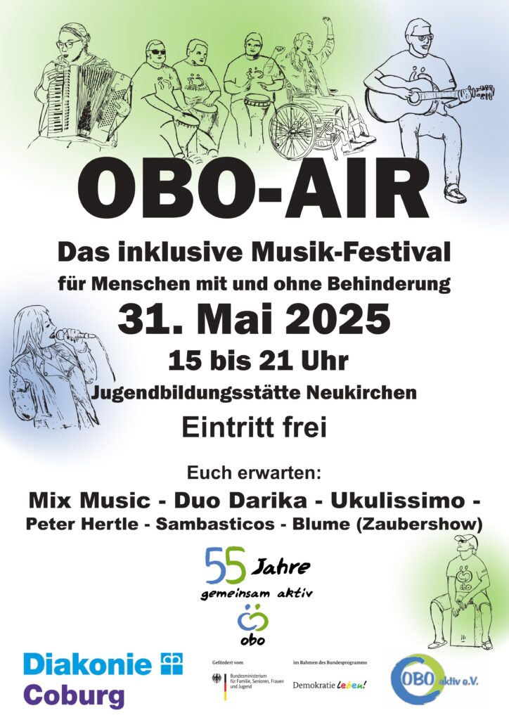 Plakat mit Zeichnung einer Band, vielen Infos wie im Beitrag zum OBO-Air und Logos der DiakonieCoburg, des Bundesministerium für Familie, von "Demokratie Leben" und OBO aktiv e.V.