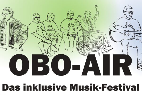 Zeichnung von einer Band, dazu Schrift OBO-Air - Das Inklusive Musik Festival
