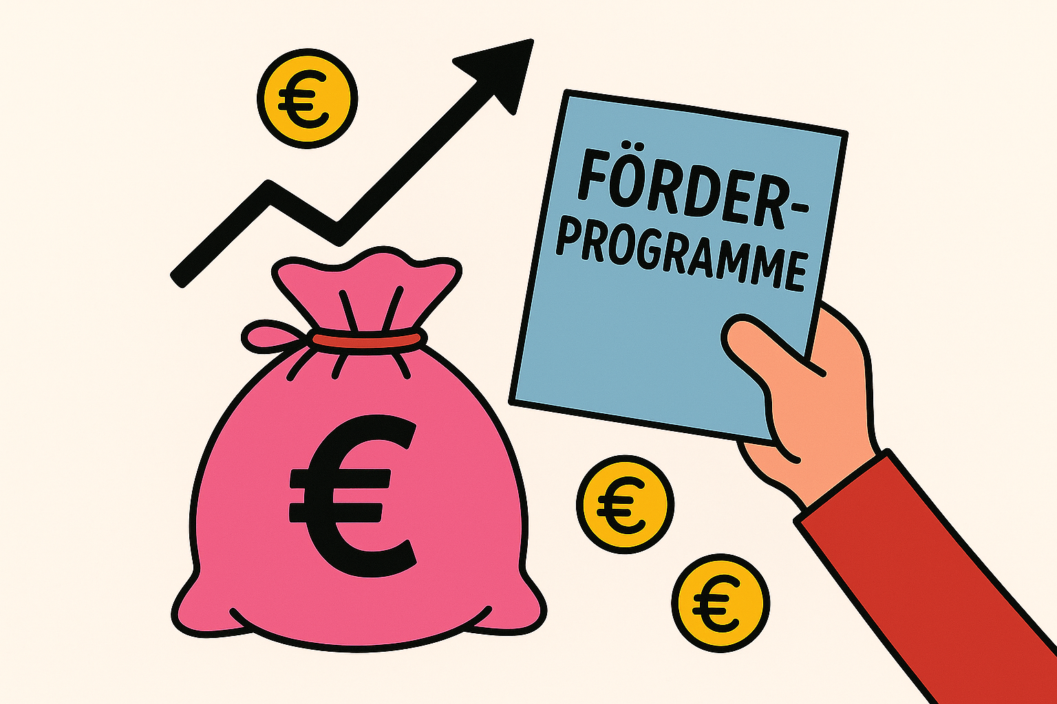Grafik mit Geldsack, Münzen und Hand die einen Zettel hält auf dem "Förderprogramme" steht.