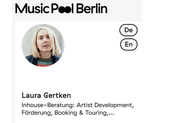 Text "Music Pool Berlin und Laura Gerken, Inhouse Baratung, Artist Development, Förderung, Booking" und ein buntes Profilfoto von einer Frau.