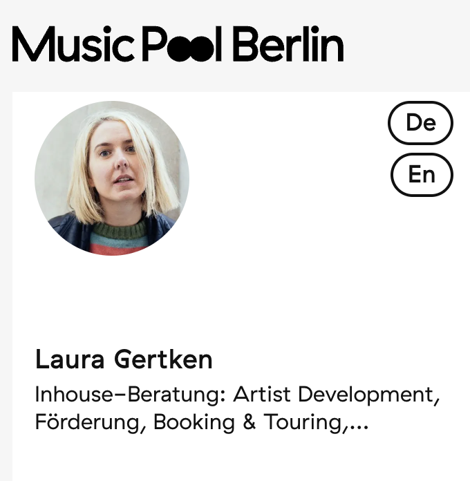 TExt "Music Pool Berlin und Laura Gerken, Inhouse Baratung, Artist Development, Förderung, Booking" und ein buntes Profilfoto von einer Frau.