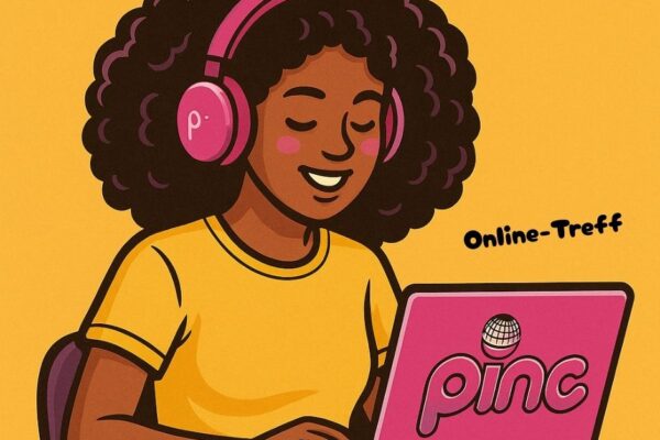 Comiczeichnung von einer Frau die an einem Laptop sitzt. Auf dem Laptop ist das Pinc Music Logo. Darüber ist die Schrift "Online Treff" zu lesen.