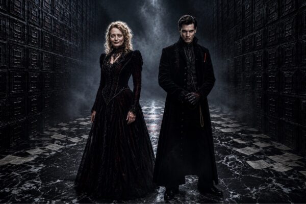 Zwei Personen in eleganter schwarzer Gothic-Kleidung stehen in einem dunklen, nebelverhangenen Archivgang. Hohe Regalwände, verstreute Dokumente und ein einzelner Lichtstrahl erzeugen eine düstere, geheimnisvolle und cineastische Atmosphäre.