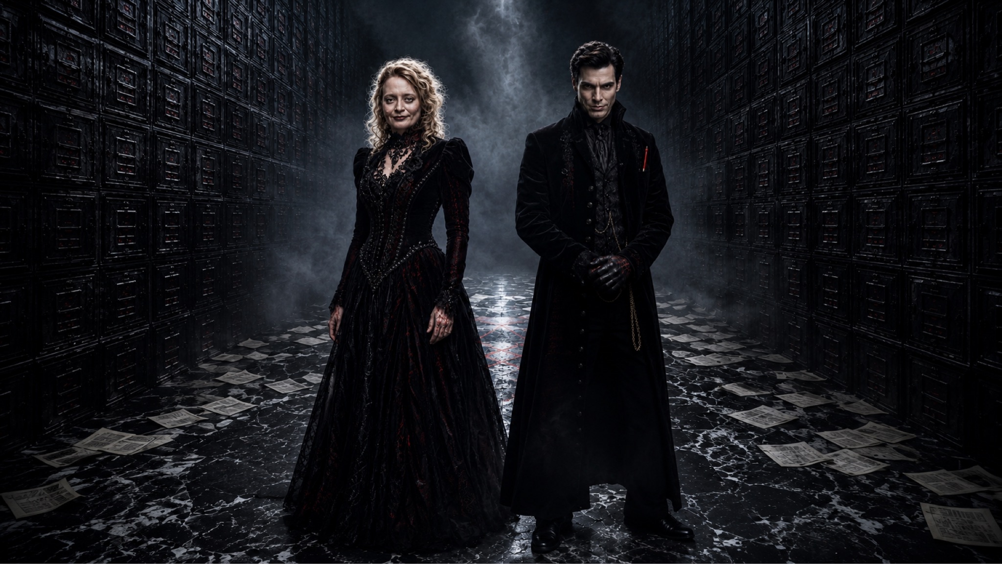 Zwei Personen in eleganter schwarzer Gothic-Kleidung stehen in einem dunklen, nebelverhangenen Archivgang. Hohe Regalwände, verstreute Dokumente und ein einzelner Lichtstrahl erzeugen eine düstere, geheimnisvolle und cineastische Atmosphäre.