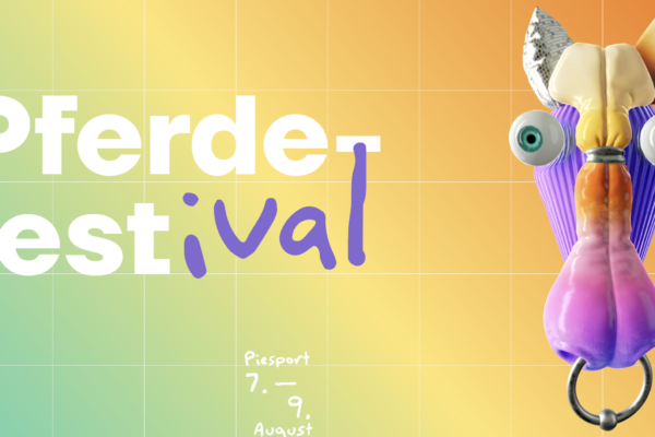 Bunte Grafik von einem Pferdekopf aus verschiedenen butnen, wie aus Plastik anmutenden Teilen zusammengesetzten Pferdekopf