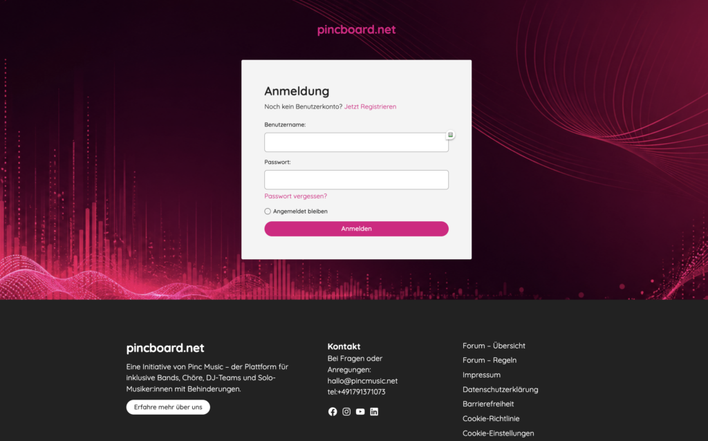 bildschirmfoto von der Anmeldeseite der PincBoard Webseite