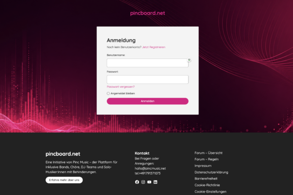 bildschirmfoto von der Anmeldeseite der PincBoard Webseite