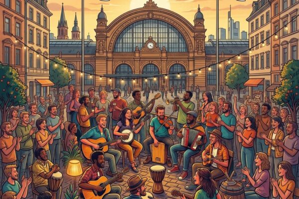 Von KI generiertes Bild von Musikern und feiernden Menschen vor einem großen Bahnhof