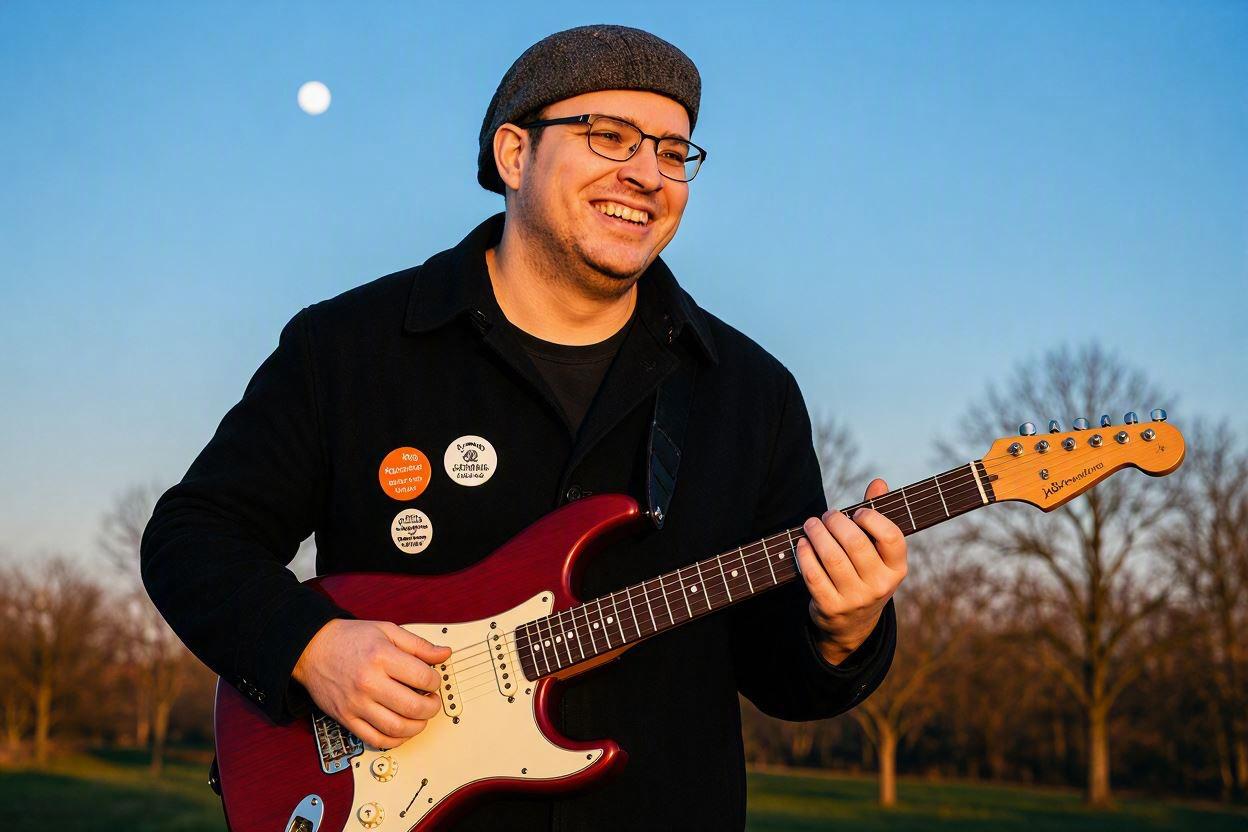 Eine Person mit dunkler Kappe und Brille in schwarzer Jacke mit mehreren Stickern. Die Person lacht und spielt eine E-Gitarre. Im Hintergrund sind blauer Himmel und Bäume ohne Laub zu sehen.