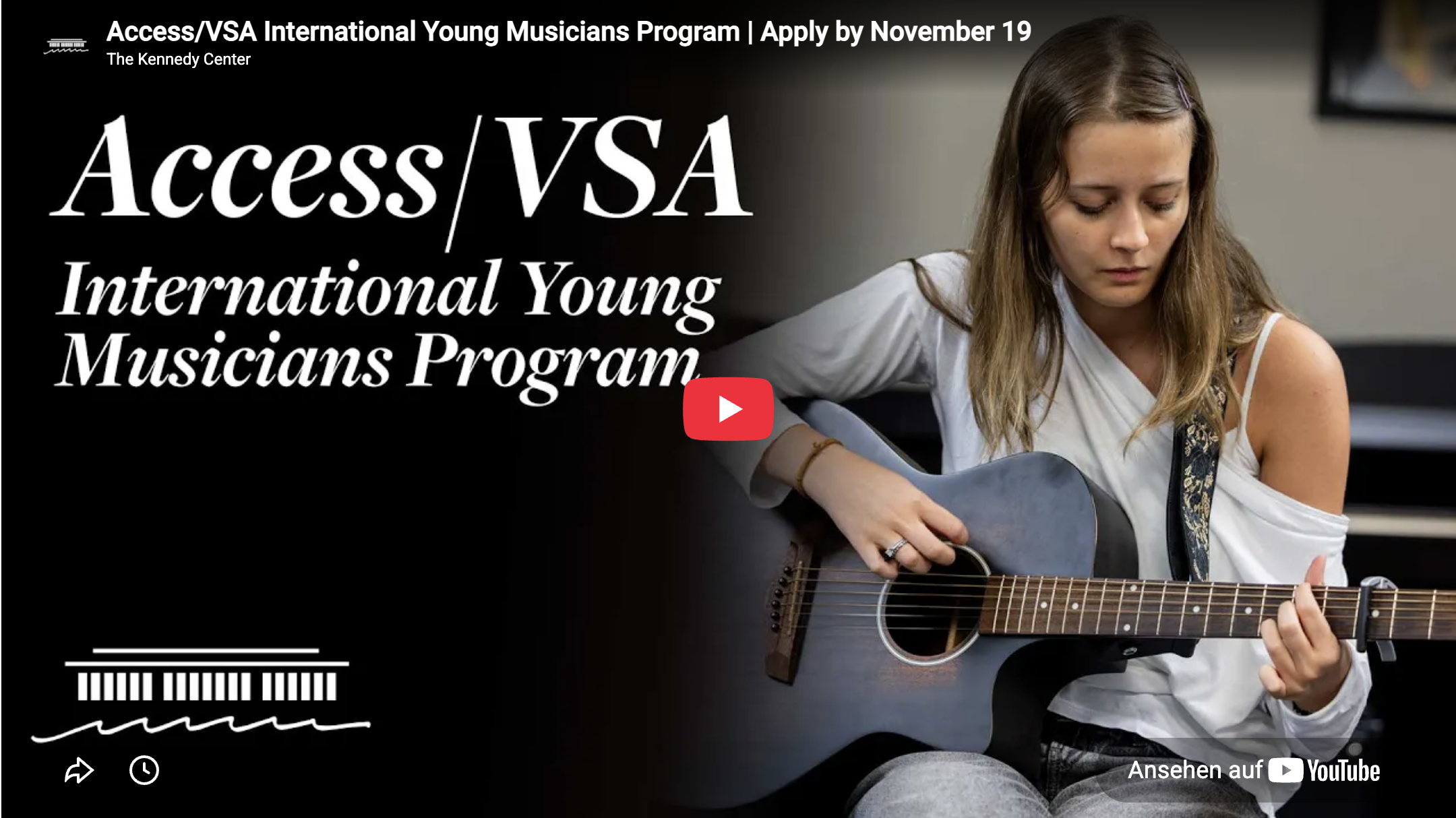 Bildschirmfotos von einem Vorschaubild eines YouTube Videos. Eine Gitarristin und darüber Schrift "Access/VSA - International Young Musicians Program